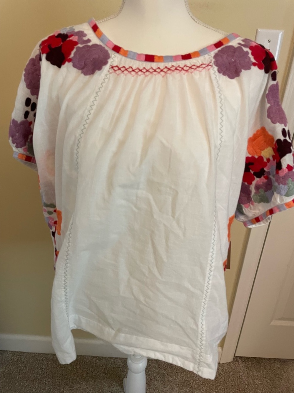 Embroidered White Peasant Top with Multicolor Floral Sleeves